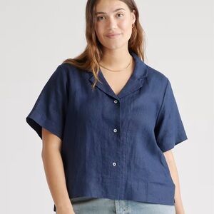 Quince 100% European Linen Short Sleeve Deep Navy Blue Shirt Size XL